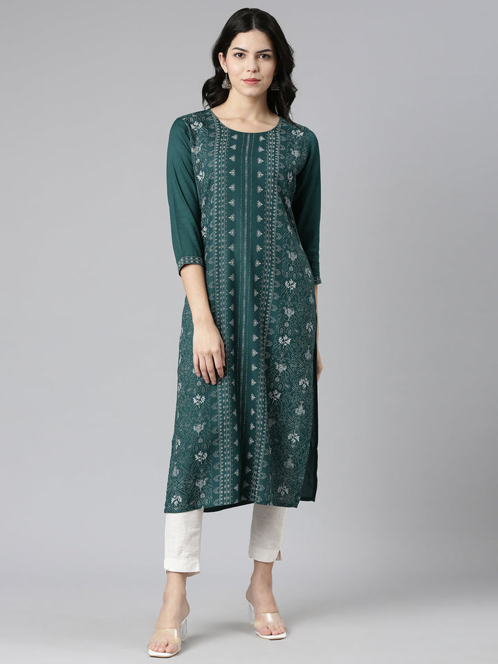 Neerus Green printed straight kurti - front view