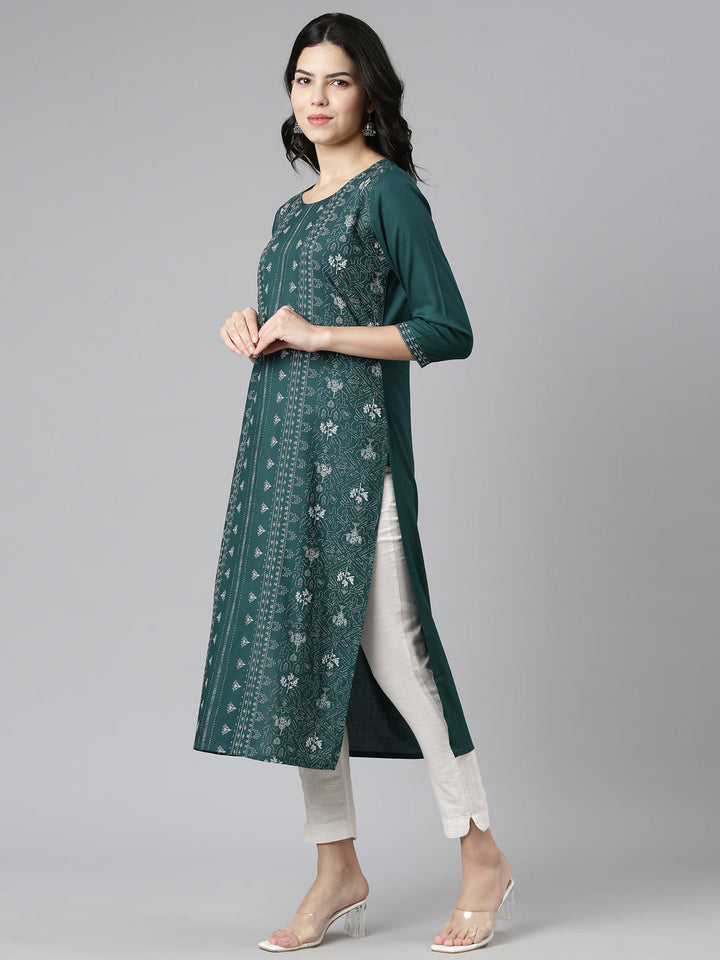 Neerus Green printed straight kurti - back view