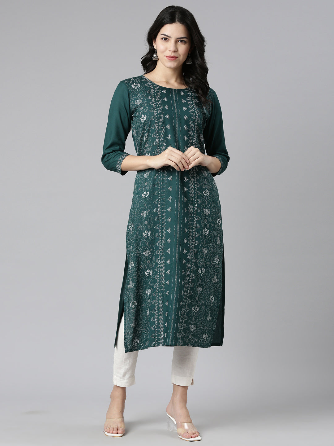 Neerus Green printed straight kurti - detail view 2