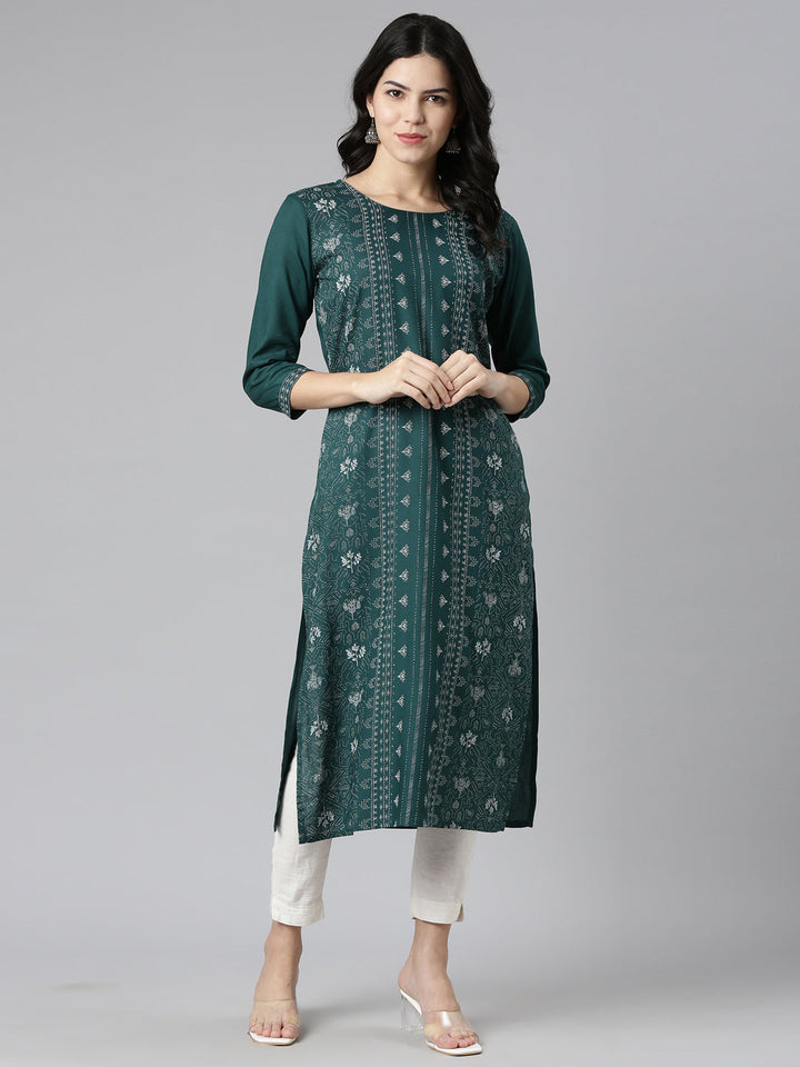 Neerus Green printed straight kurti - detail view 2