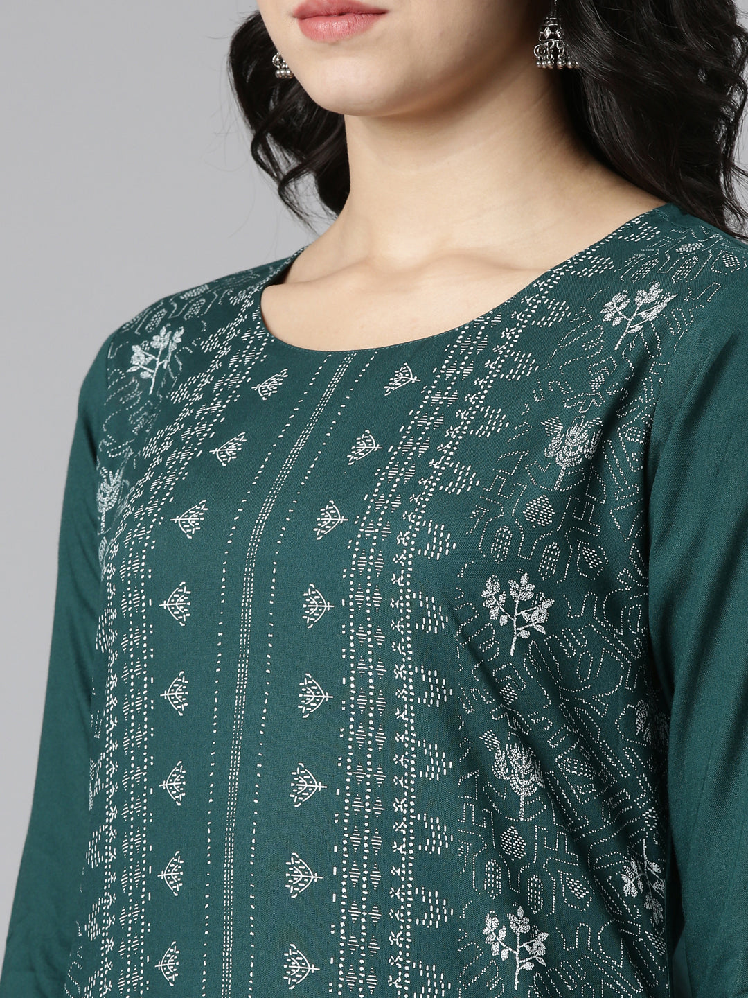 Neerus Green printed straight kurti - detail view 1