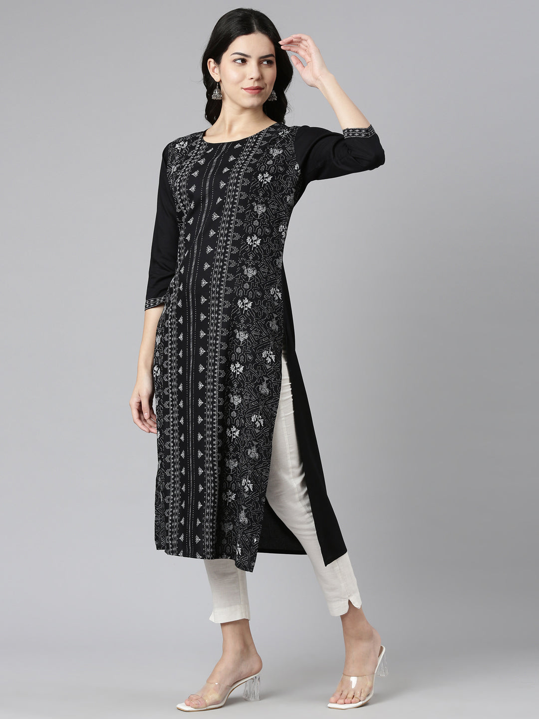 Neerus Black printed straight kurti - back view