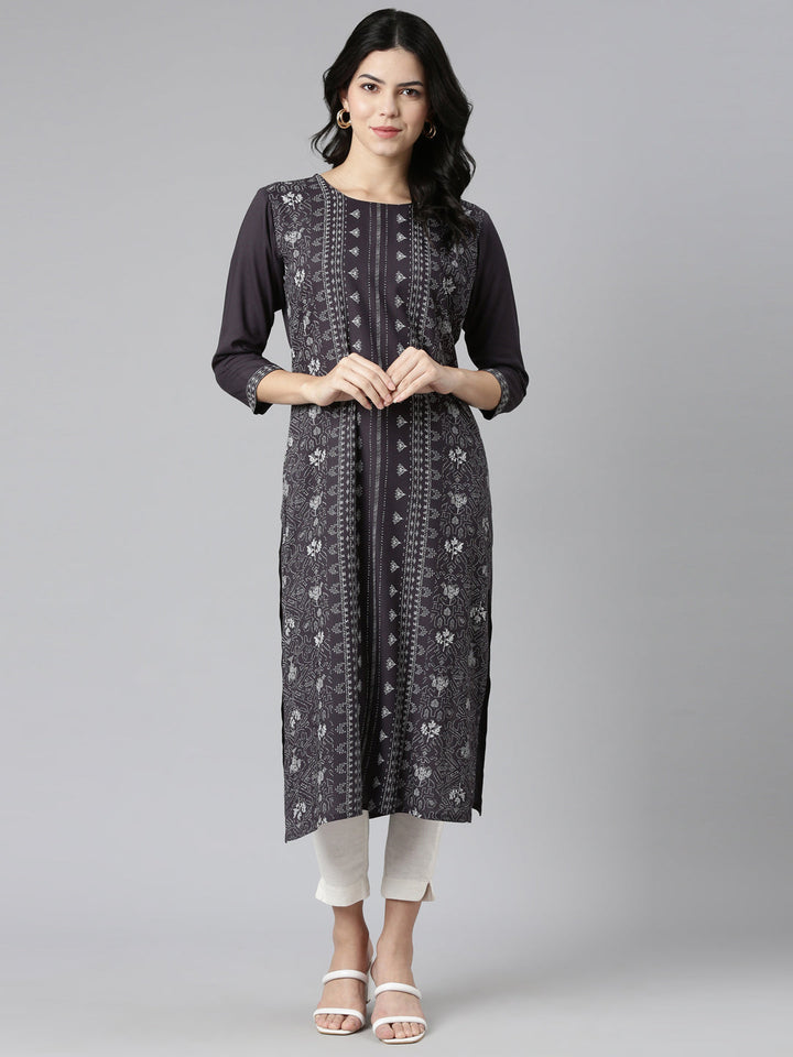 Neerus Grey printed straight kurti - detail view 2