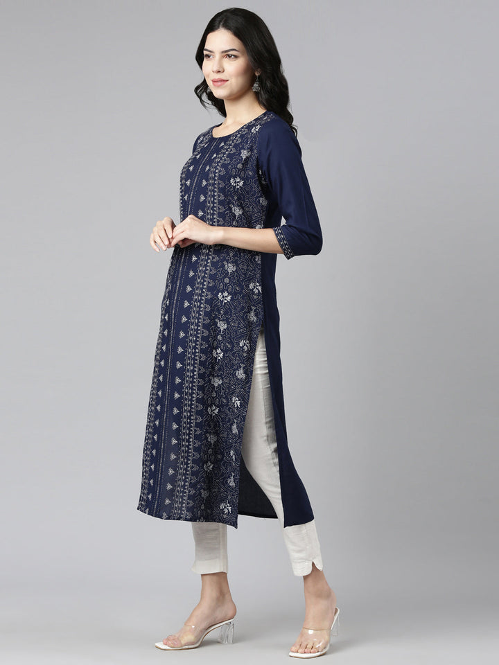 Neerus Blue printed straight kurti - back view