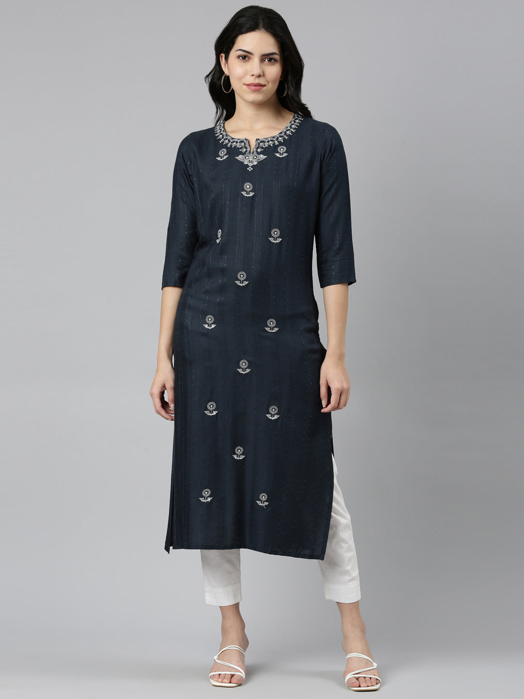Neerus Grey embroidered straight kurti - front view