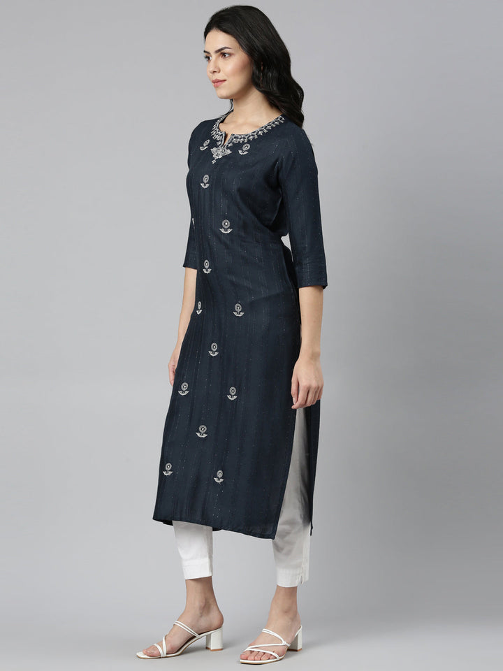 Neerus Grey embroidered straight kurti - back view