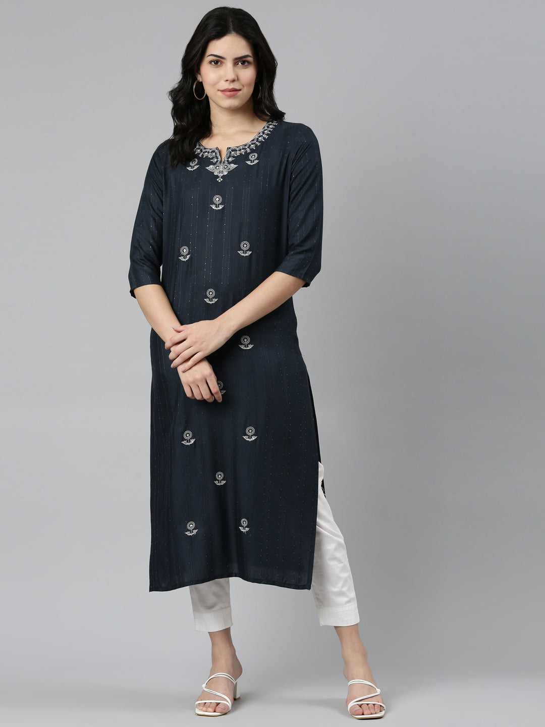 Neerus Grey embroidered straight kurti - detail view 2