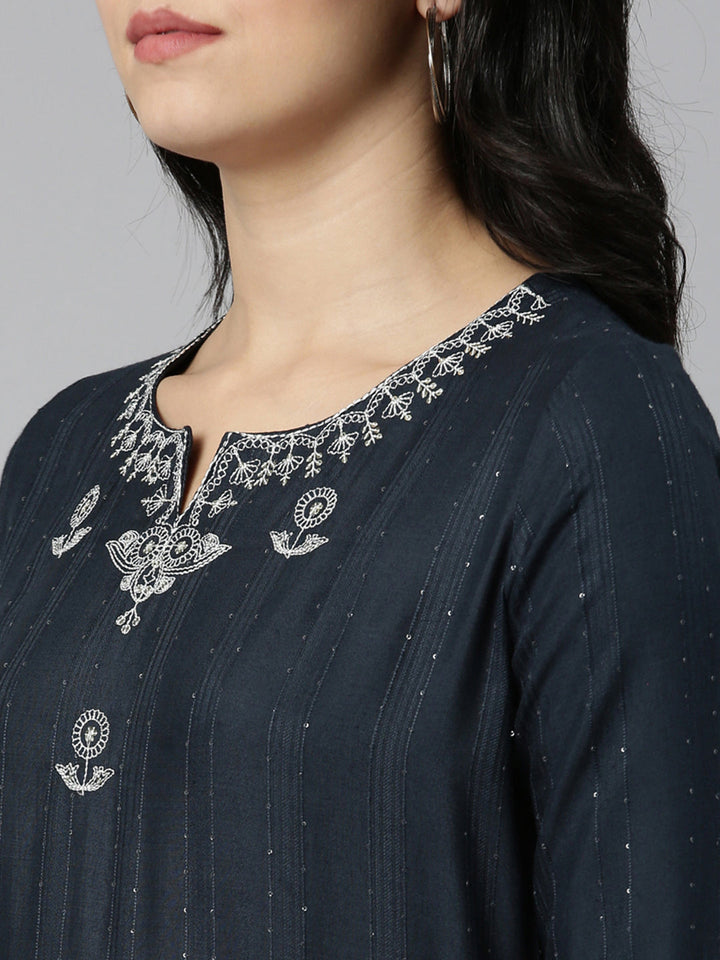 Neerus Grey embroidered straight kurti - detail view 1