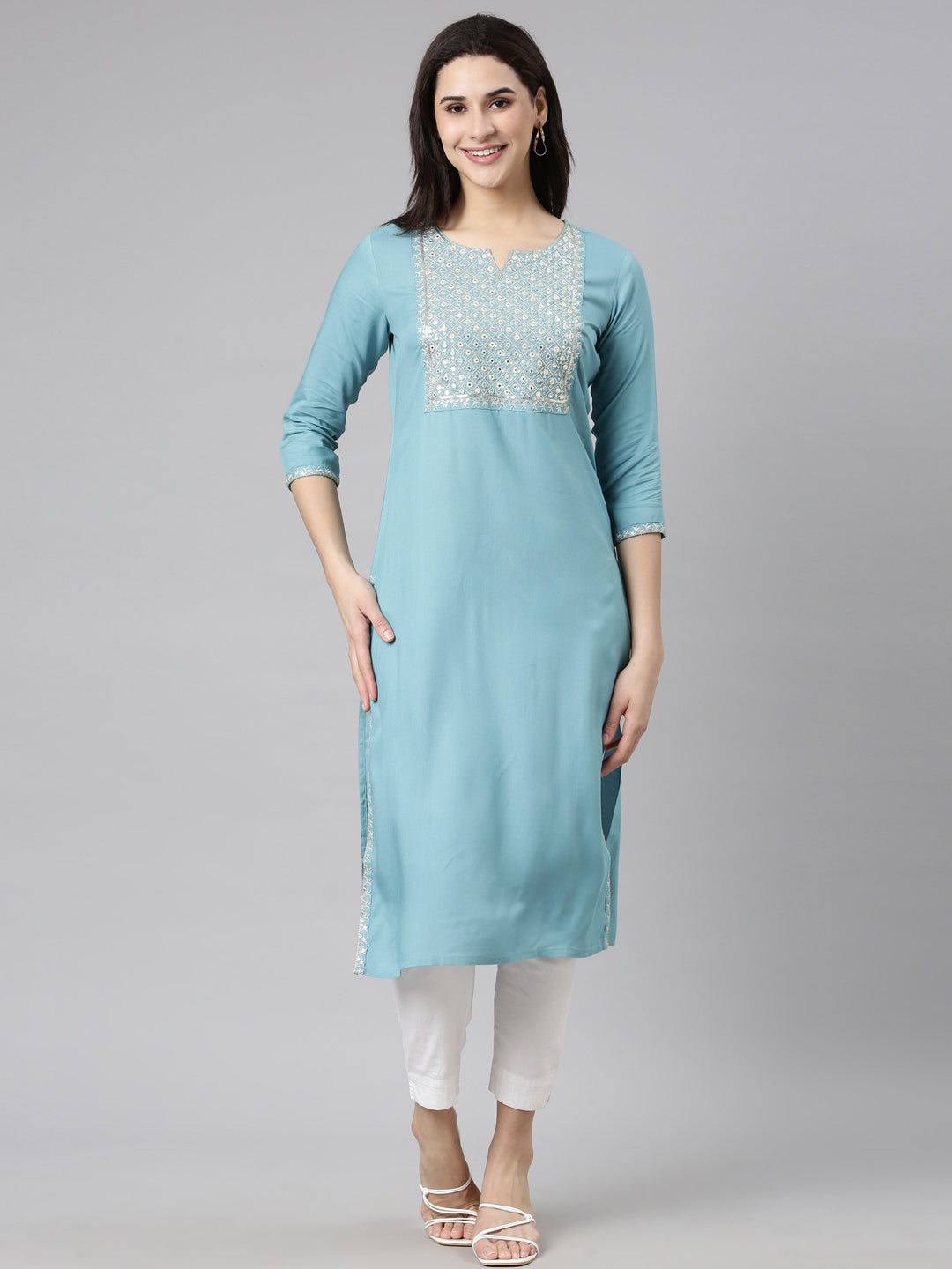 Neerus Blue solid panelled straight kurti - front view