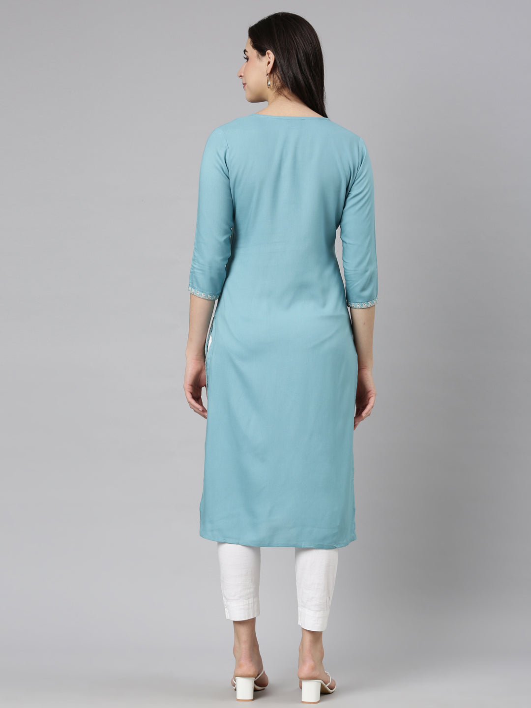 Neerus Blue solid panelled straight kurti - side view