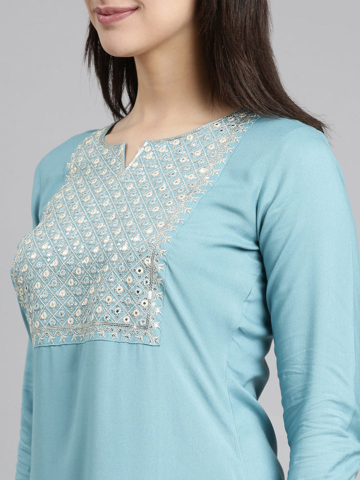 Neerus Blue solid panelled straight kurti - detail view 1