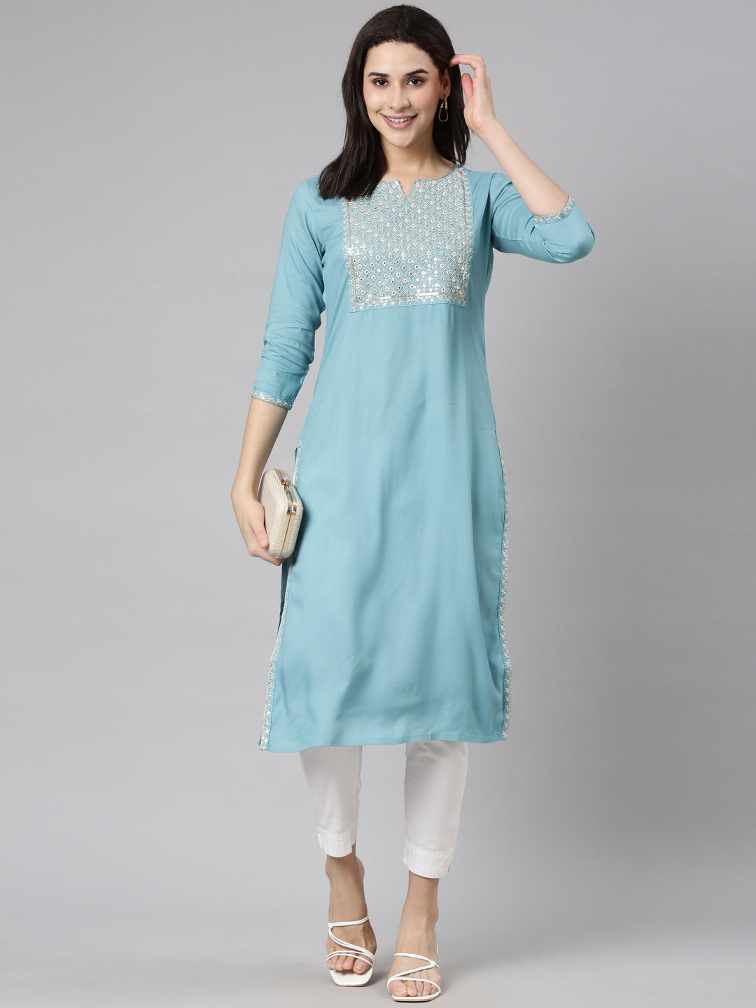 Neerus Blue solid panelled straight kurti - detail view 2