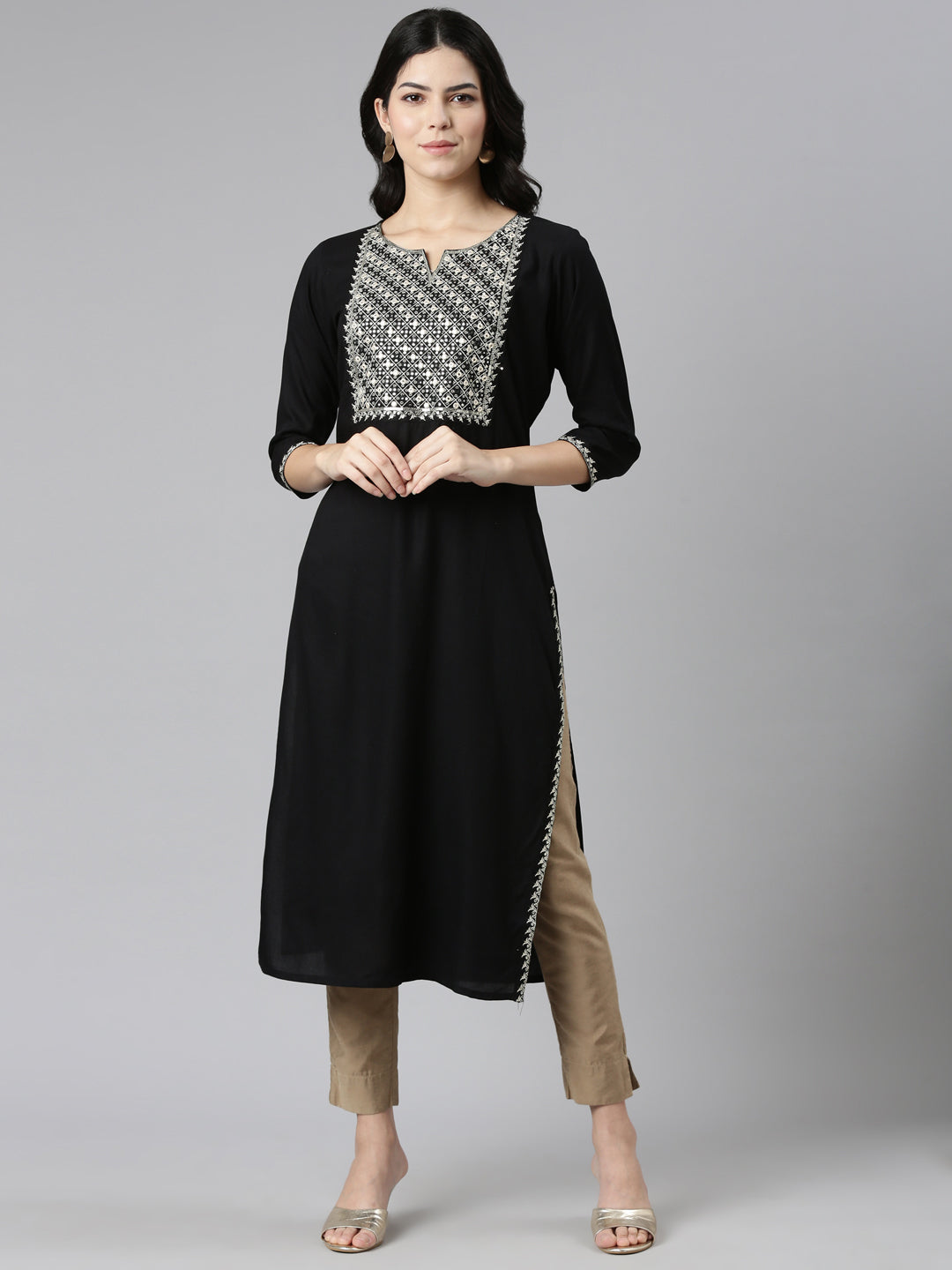 Neerus Black solid straight kurti - front view
