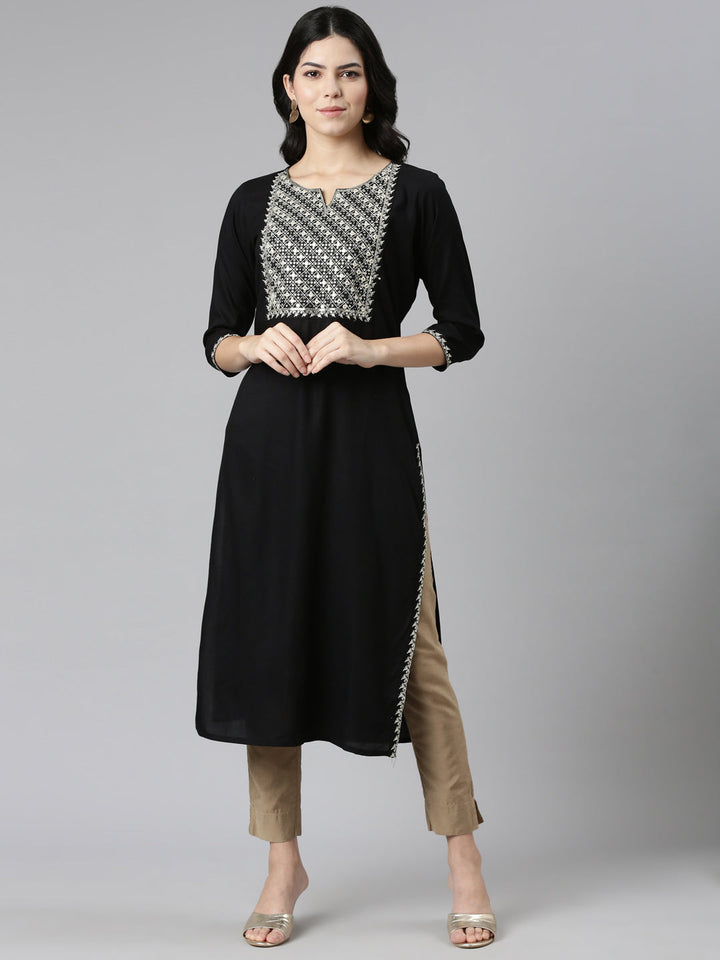 Neerus Black solid straight kurti - front view