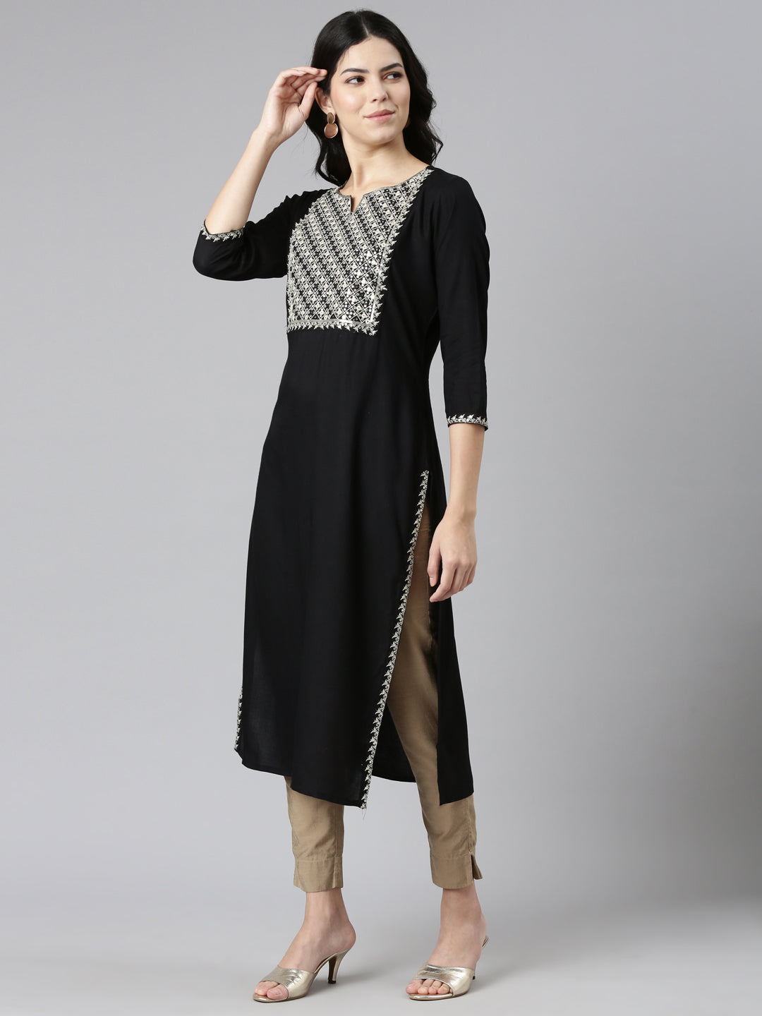 Neerus Black solid straight kurti - back view