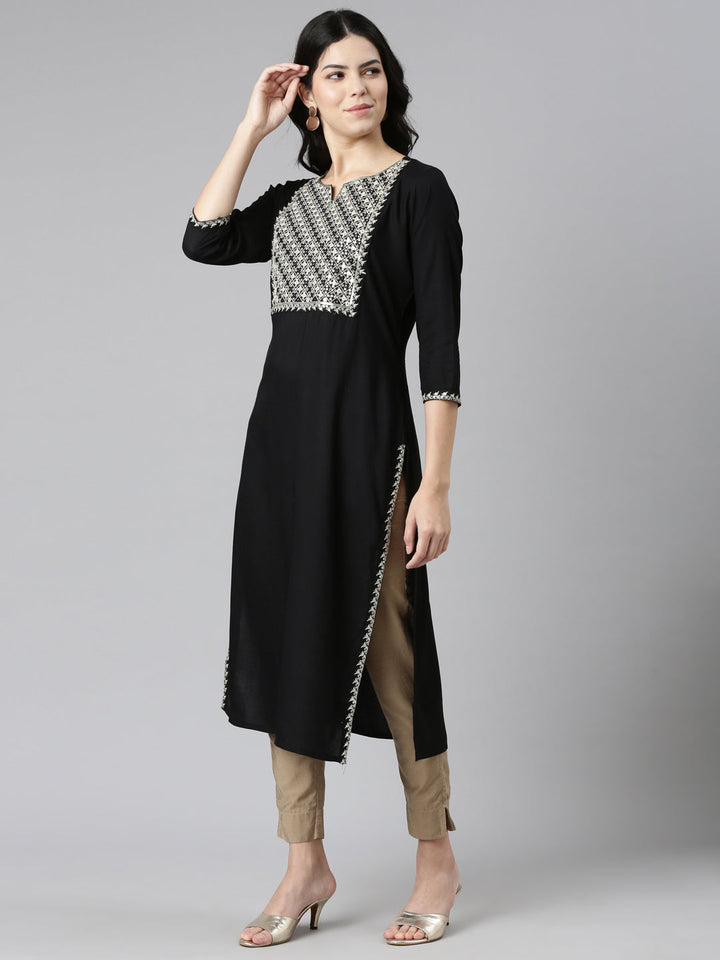 Neerus Black solid straight kurti - back view