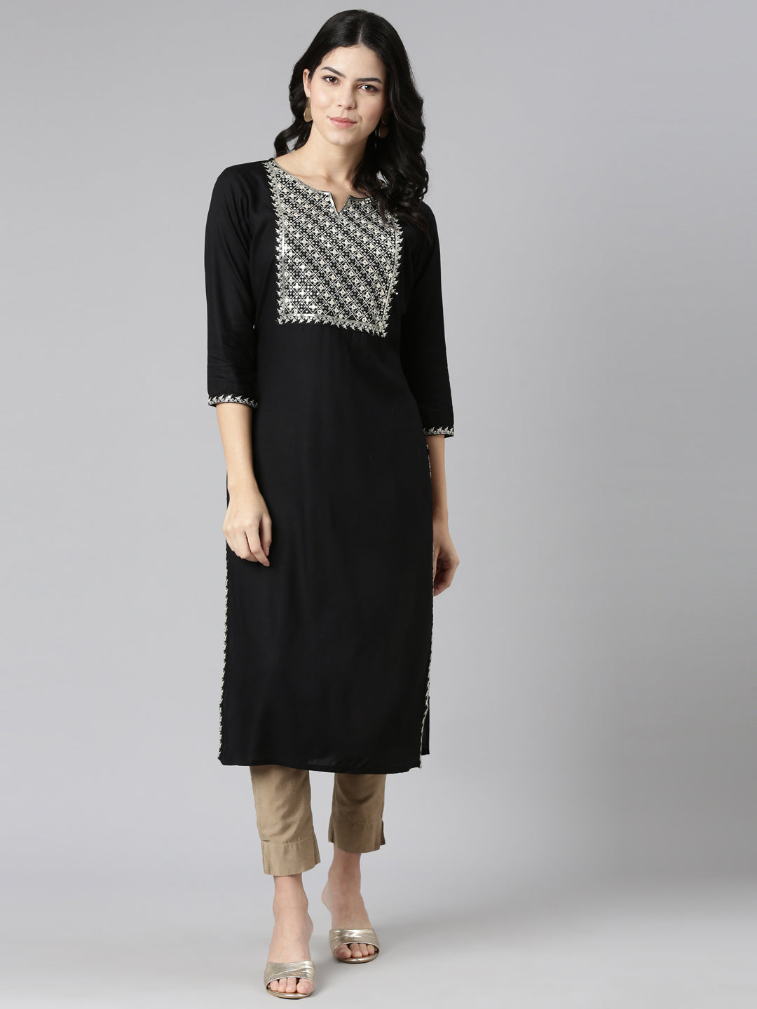 Neerus Black solid straight kurti - detail view 2