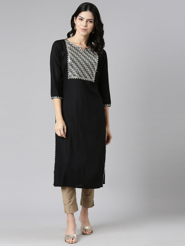 Neerus Black solid straight kurti - detail view 2
