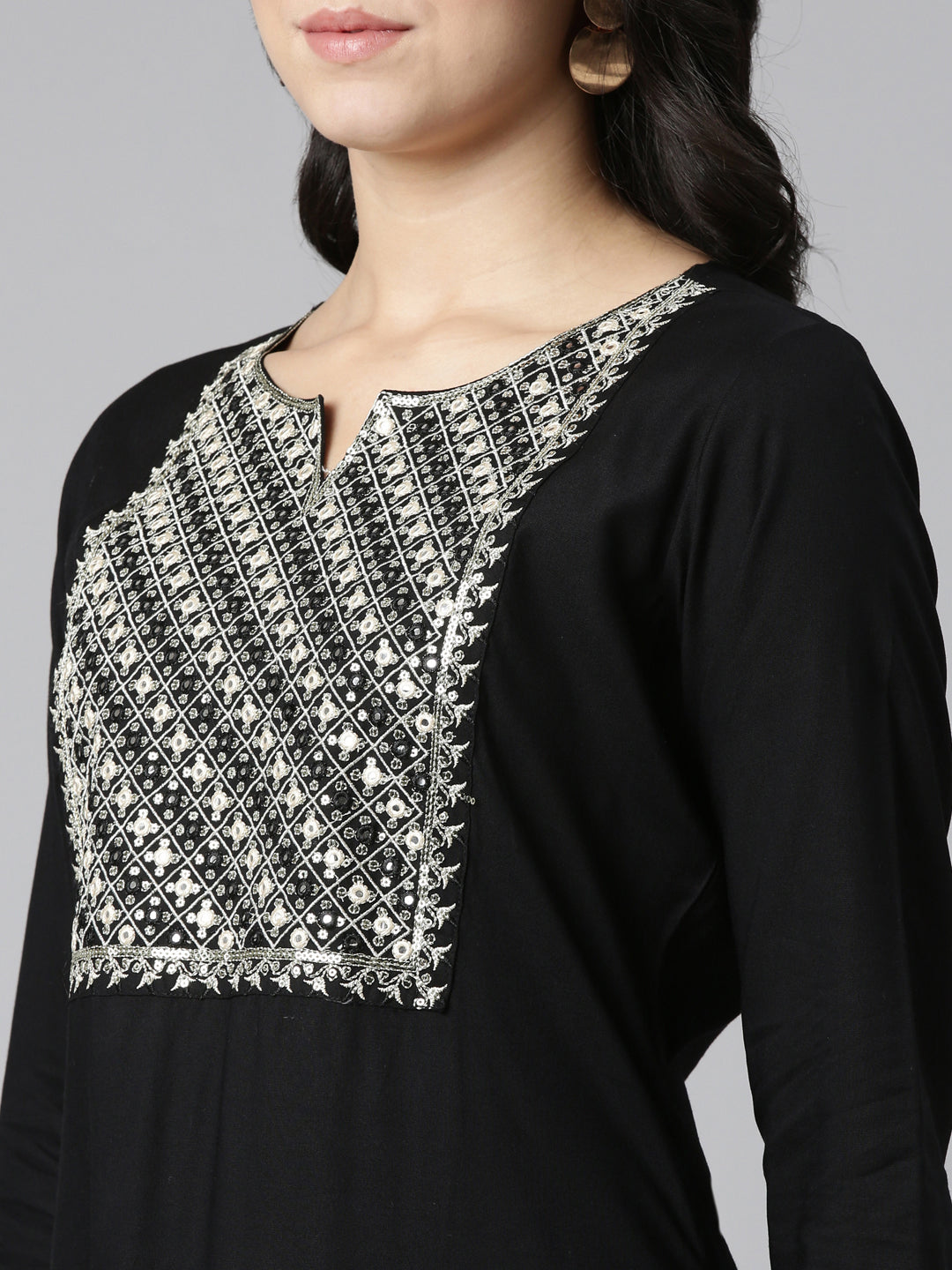 Neerus Black solid straight kurti - detail view 1