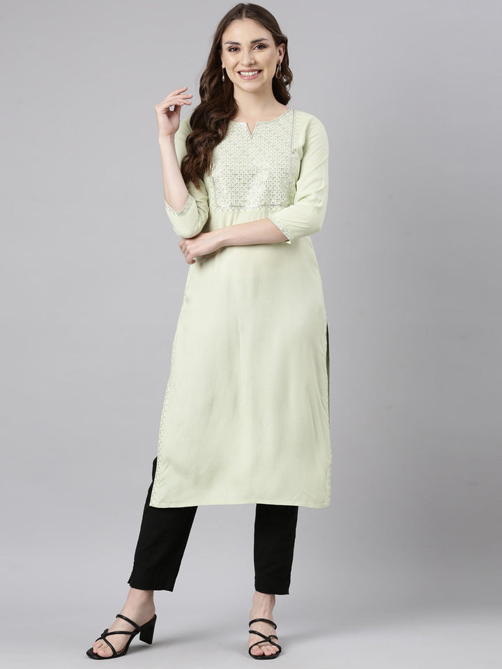 Neerus Green rayon solid straight kurti - detail view 2