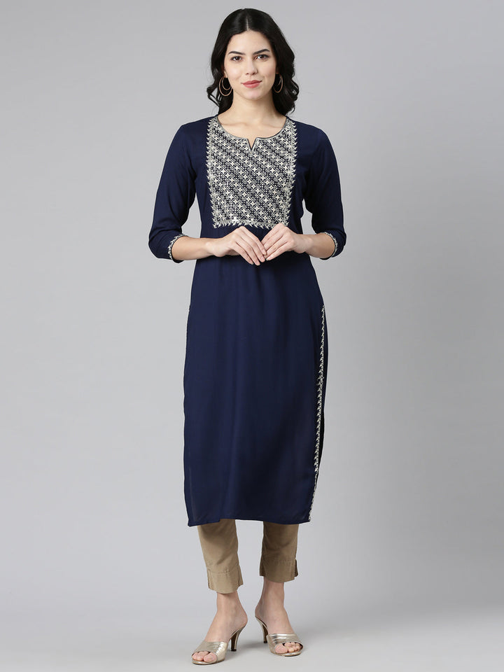 Neerus Blue solid straight kurti - front view