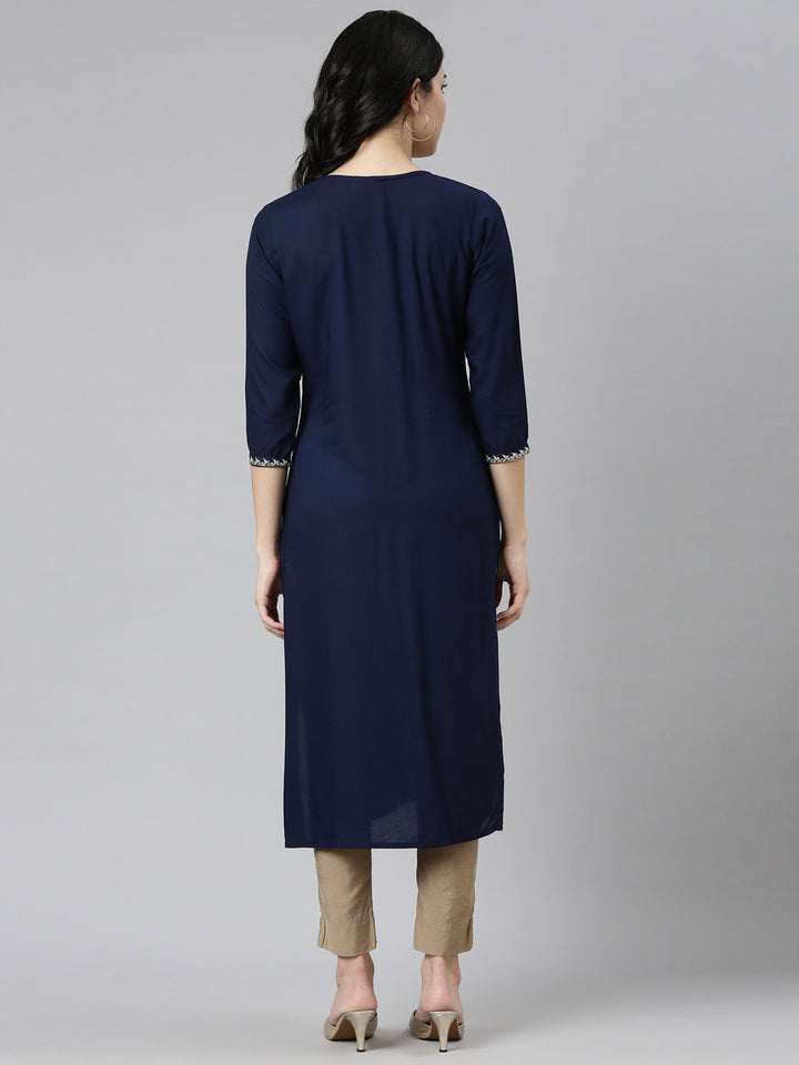 Neerus Blue solid straight kurti - side view