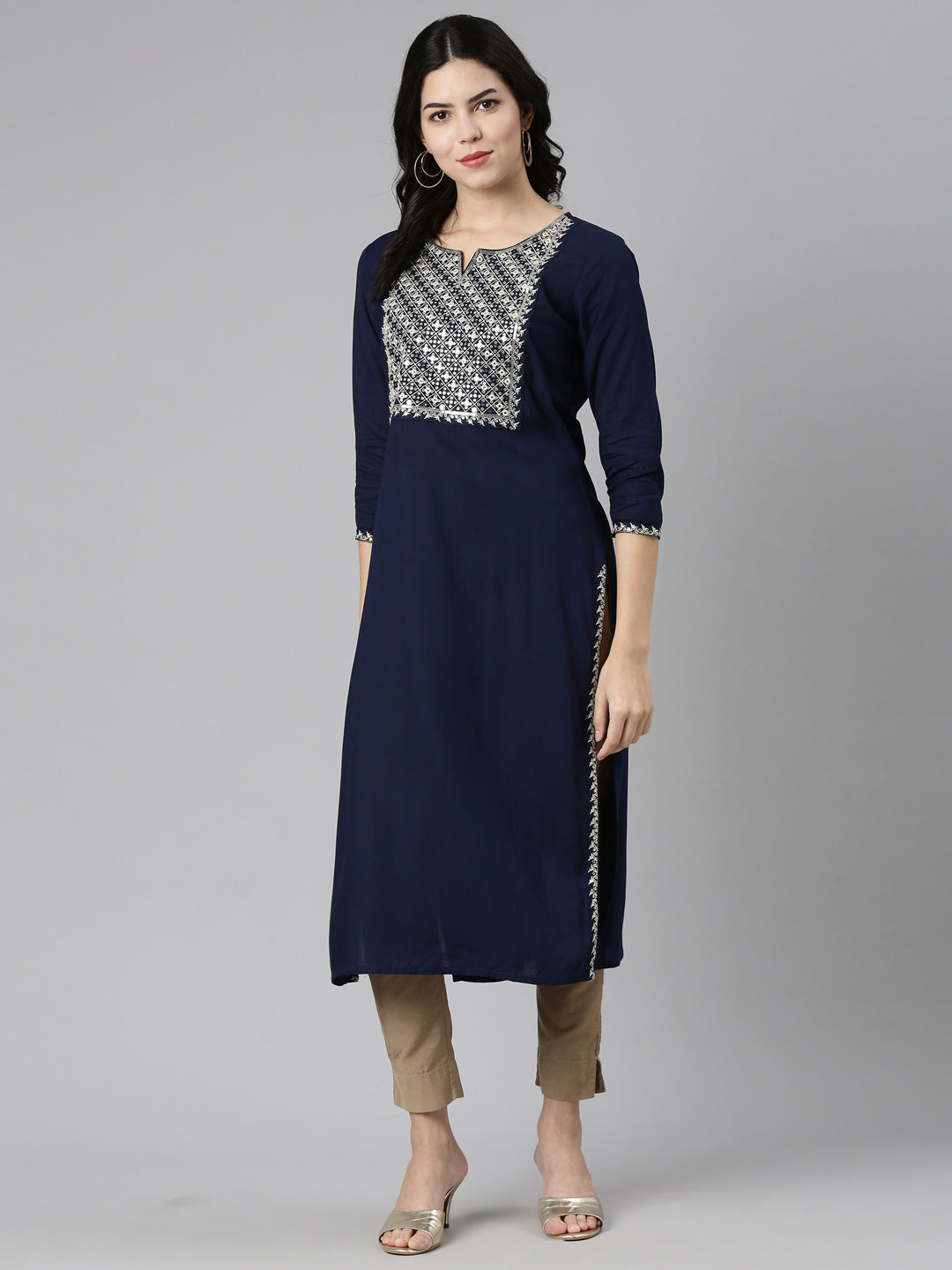 Neerus Blue solid straight kurti - detail view 2