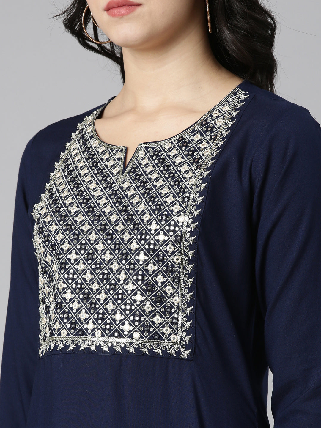 Neerus Blue solid straight kurti - detail view 1