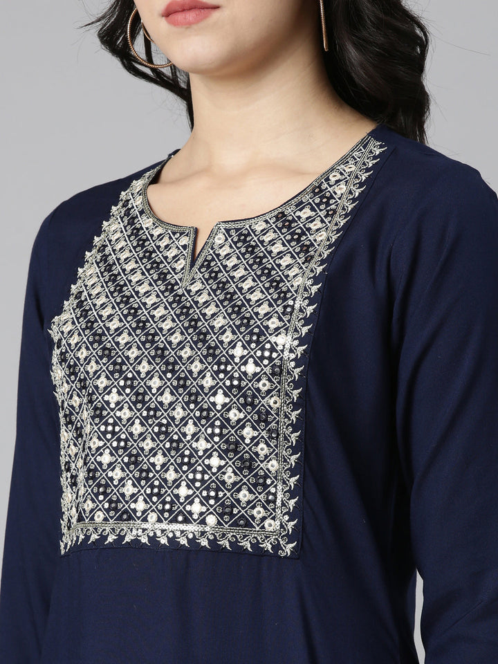 Neerus Blue solid straight kurti - detail view 1