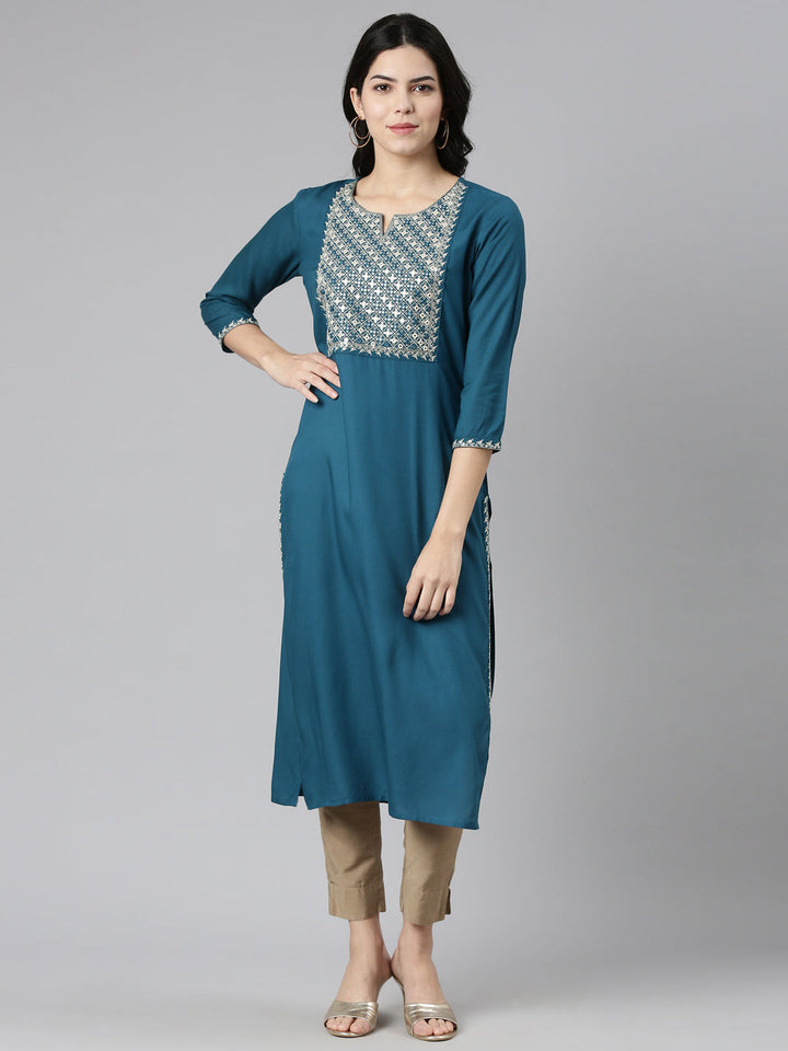 Neerus Green solid straight kurti by Neerus - front view