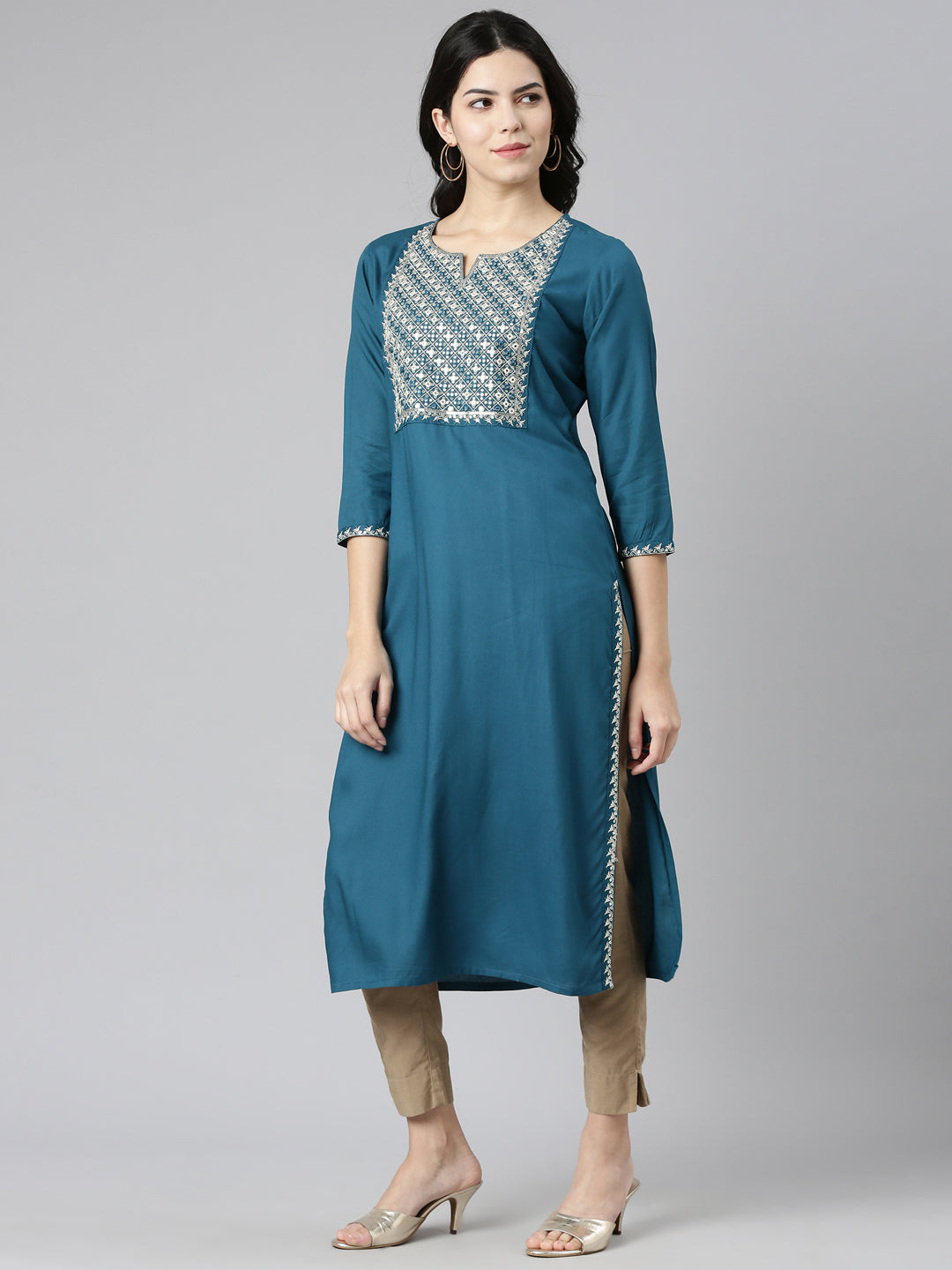 Neerus Green solid straight kurti by Neerus - back view