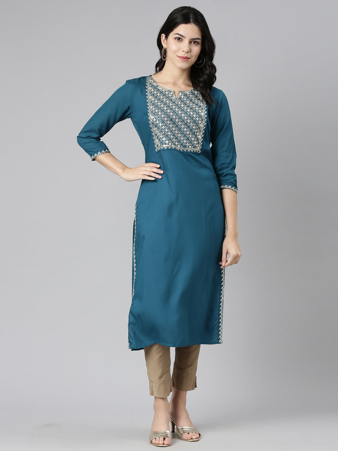 Neerus Green solid straight kurti by Neerus - detail view 2