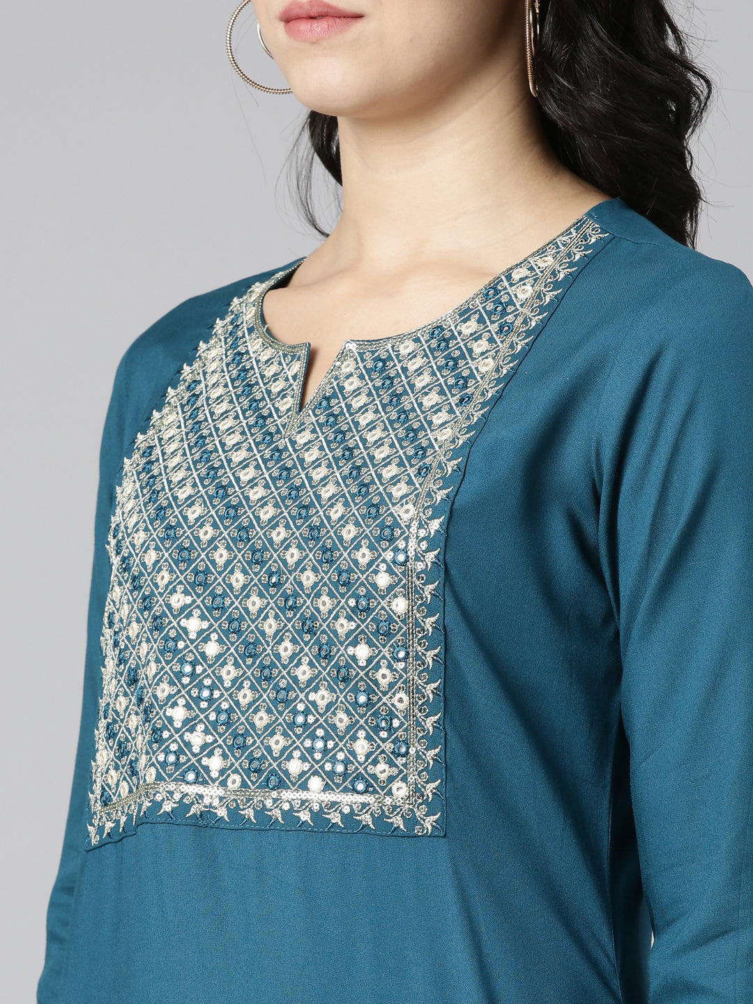 Neerus Green solid straight kurti by Neerus - detail view 1