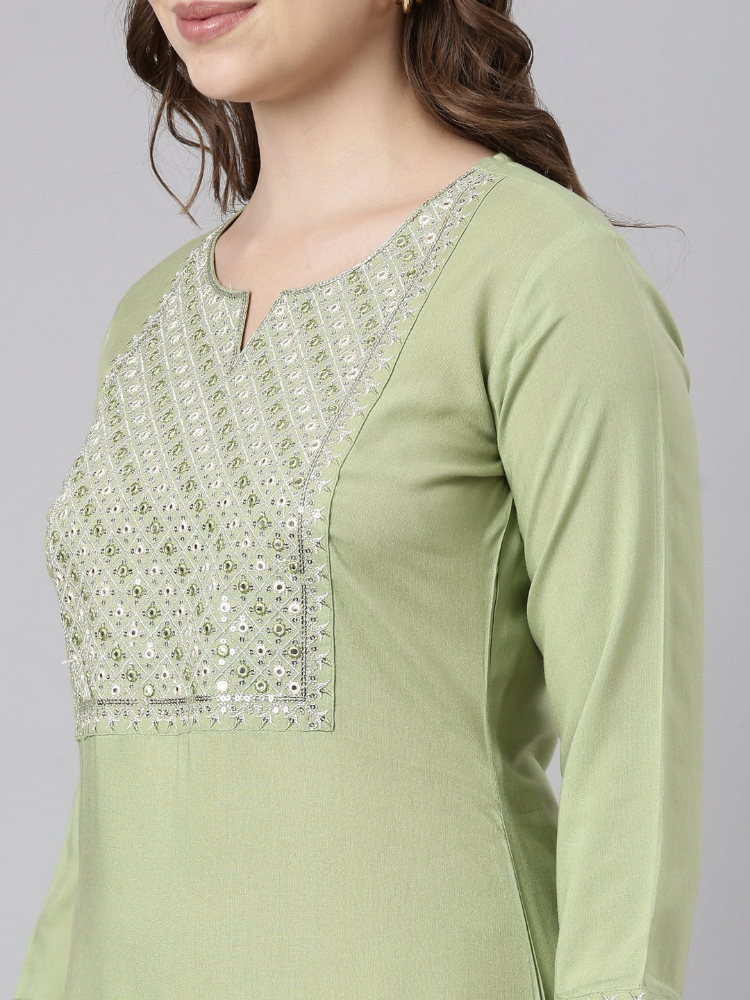Neerus Green rayon solid straight kurti - detail view 1