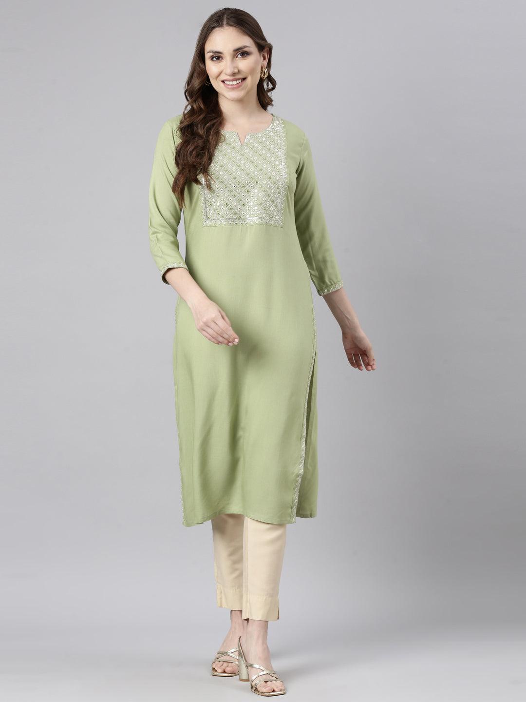 Neerus Green rayon solid straight kurti - detail view 2