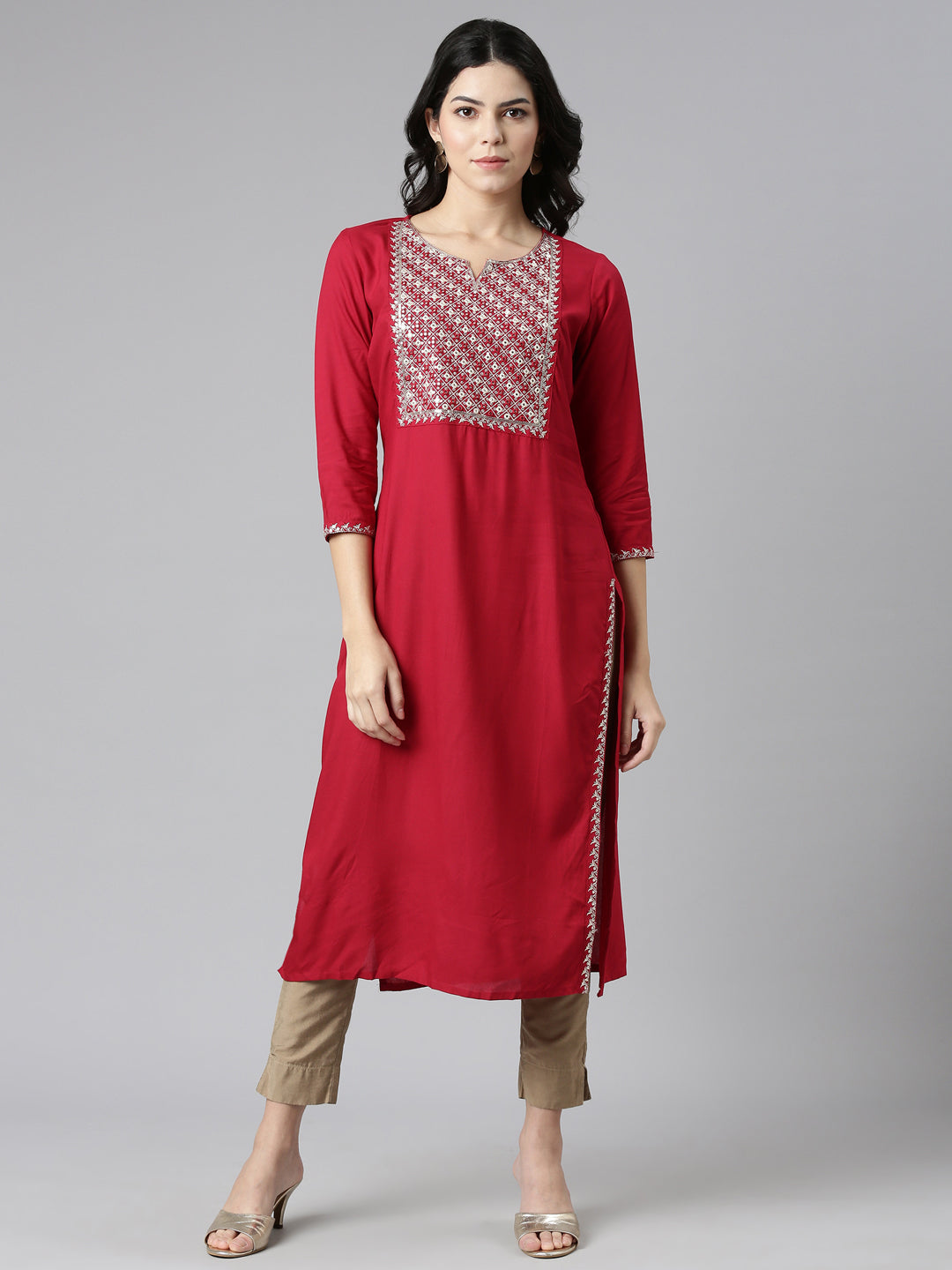 Neerus Red solid straight kurti - front view