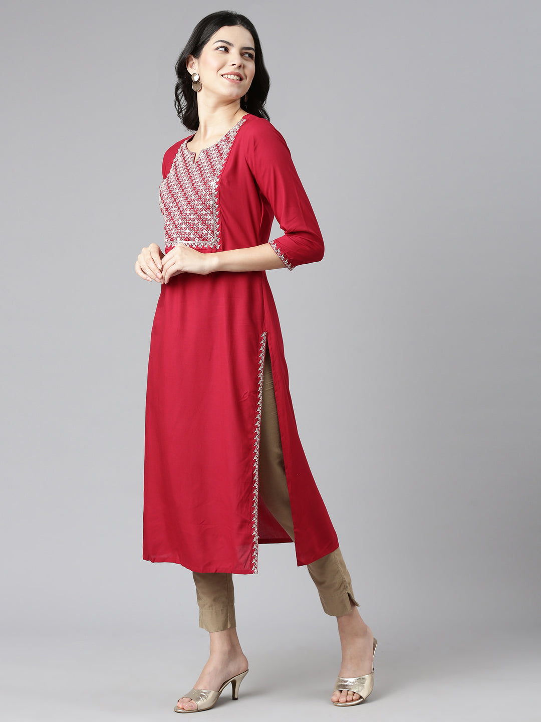 Neerus Red solid straight kurti - back view