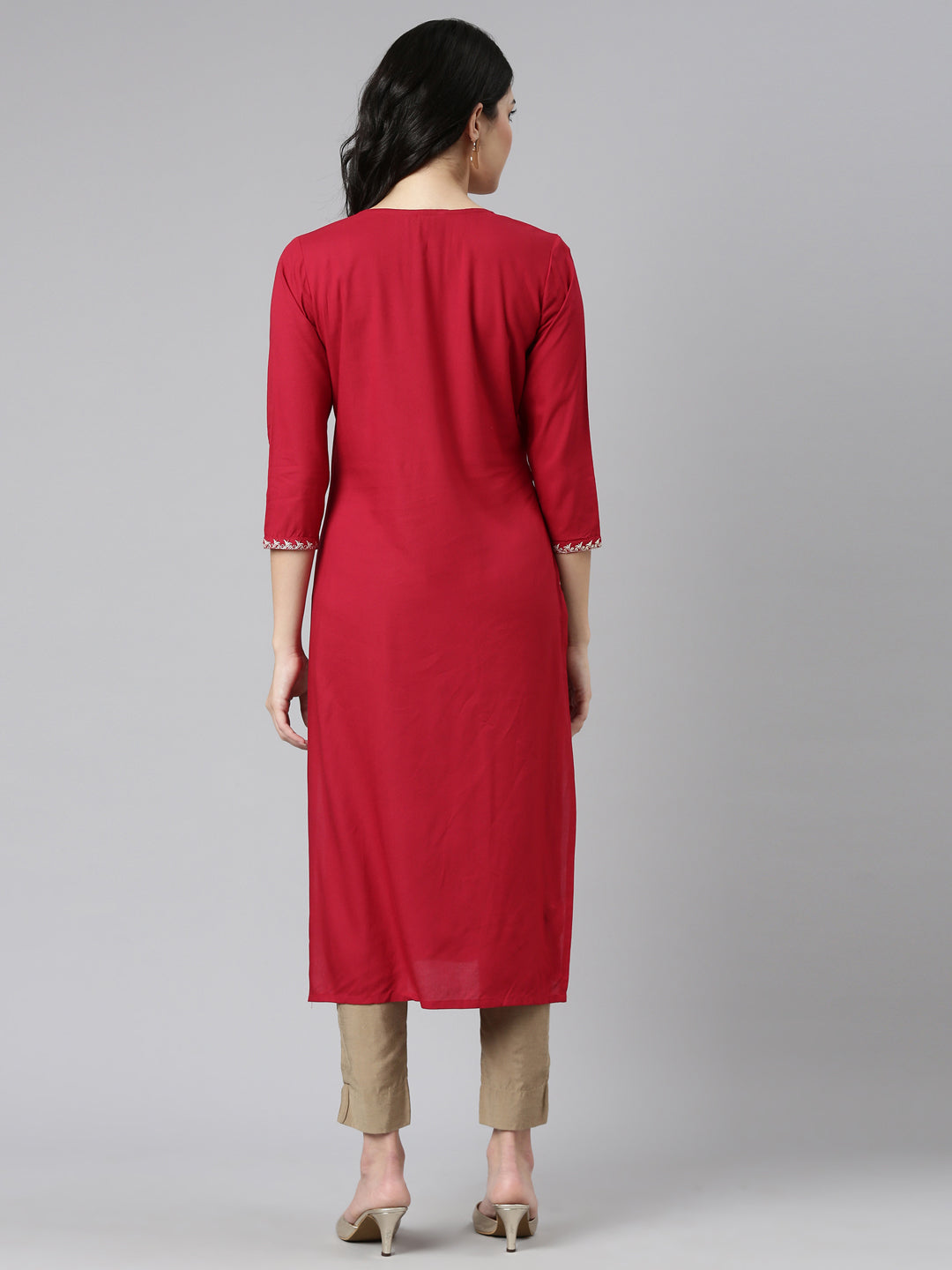 Neerus Red solid straight kurti - side view