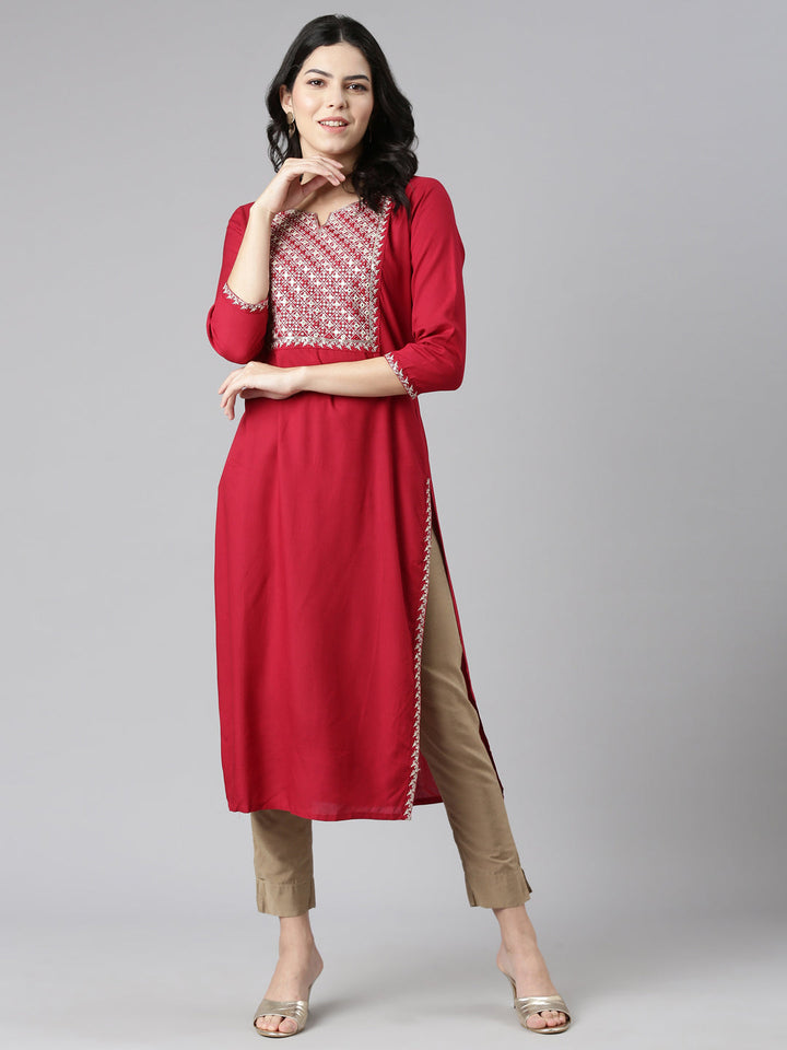 Neerus Red solid straight kurti - detail view 2