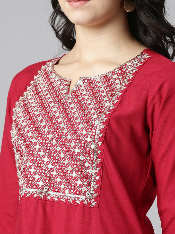 Neerus Red solid straight kurti - detail view 1