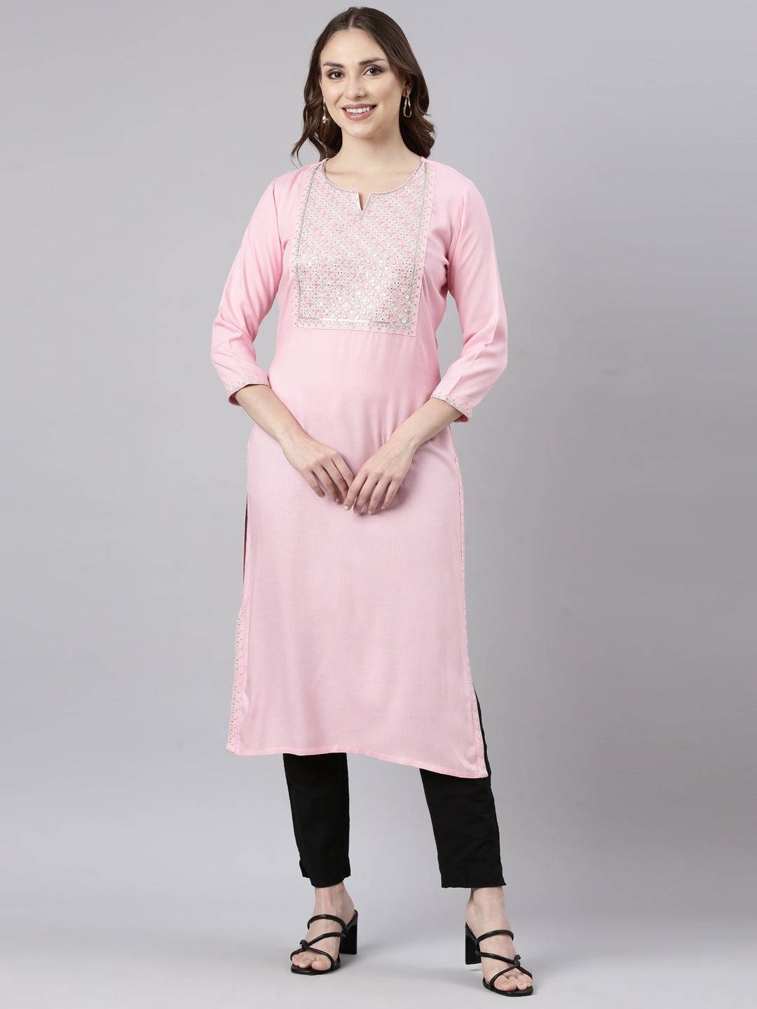 Neerus Pink rayon straight panelled kurti - front view