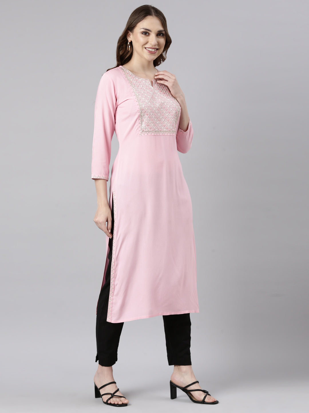 Neerus Pink rayon straight panelled kurti - back view