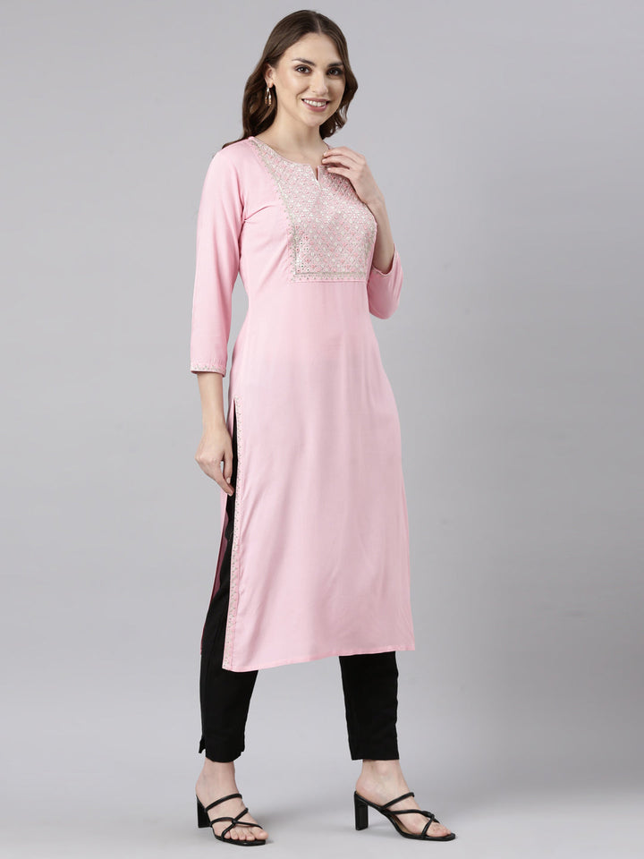 Neerus Pink rayon straight panelled kurti - back view