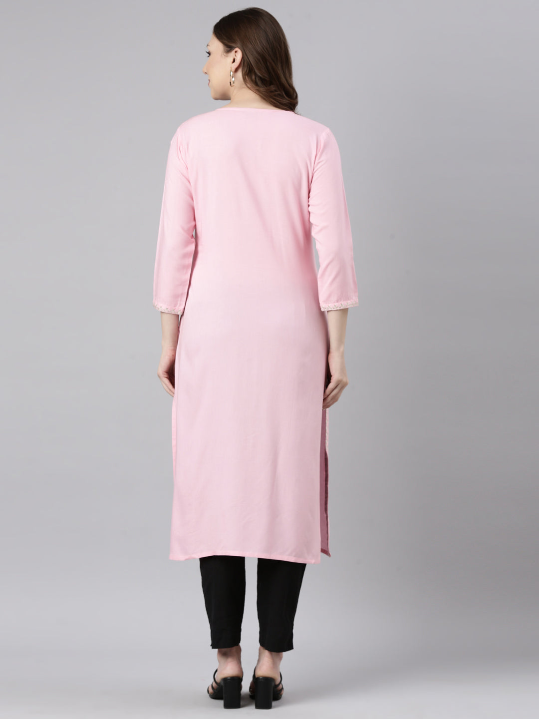 Neerus Pink rayon straight panelled kurti - side view
