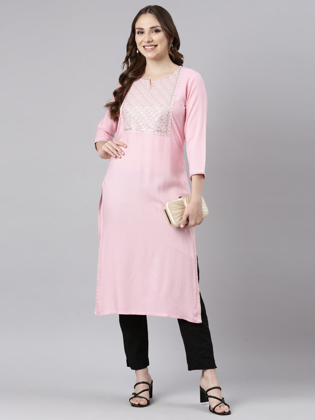 Neerus Pink rayon straight panelled kurti - detail view 1