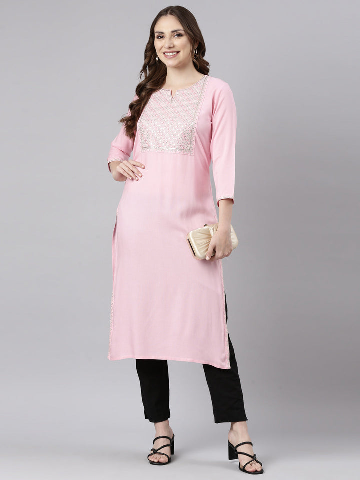Neerus Pink rayon straight panelled kurti - detail view 1