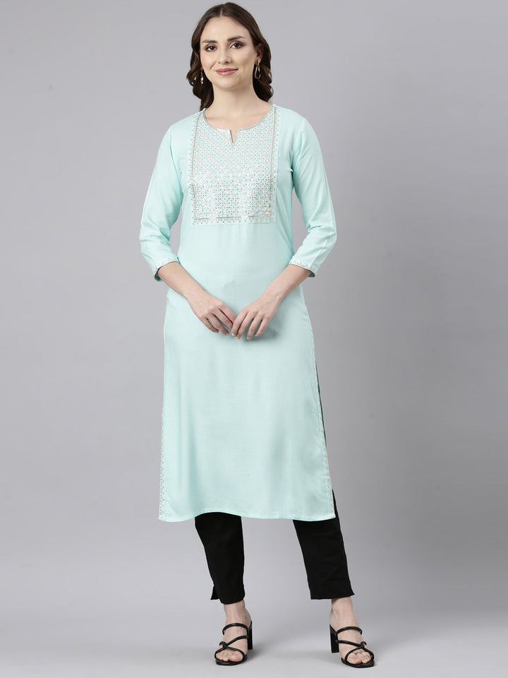 Neerus Green solid straight panelled kurti - front view
