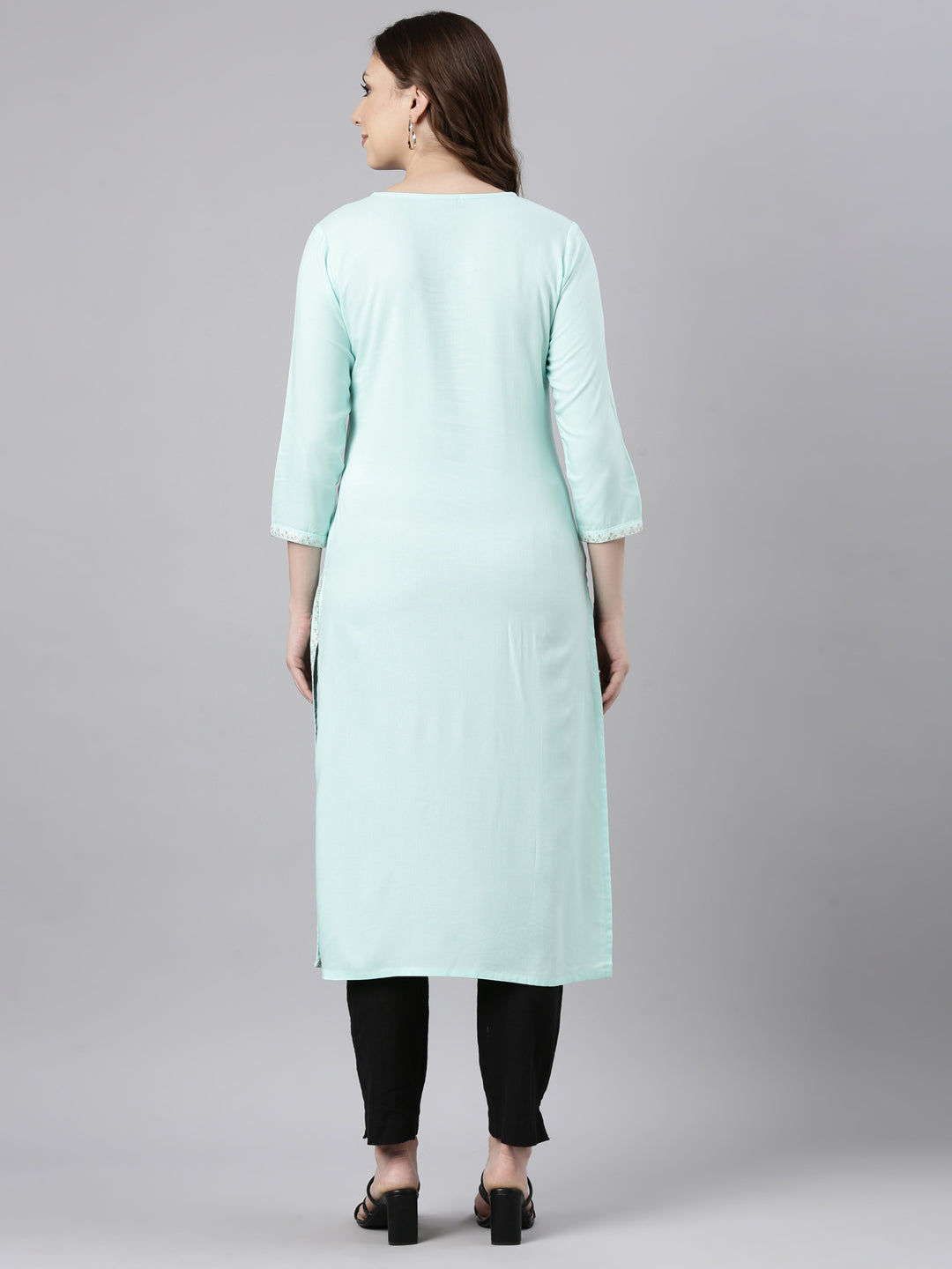 Neerus Green solid straight panelled kurti - side view