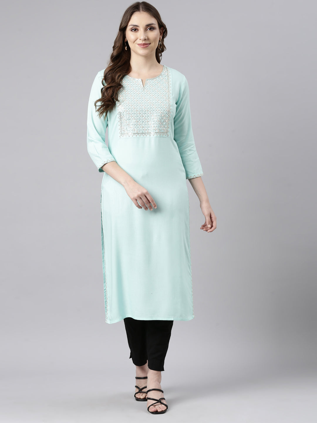 Neerus Green solid straight panelled kurti - detail view 1