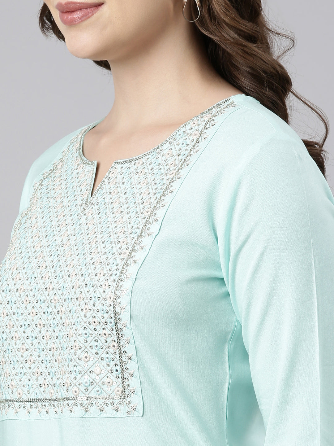 Neerus Green solid straight panelled kurti - detail view 2